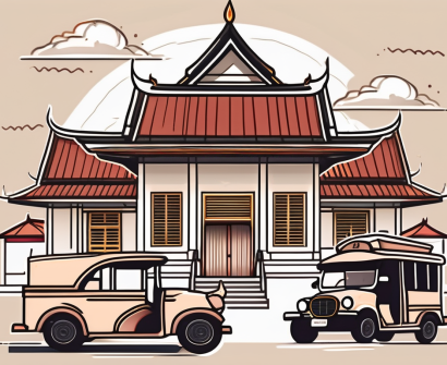 A traditional thai schoolhouse with a graduation cap and diploma in the foreground