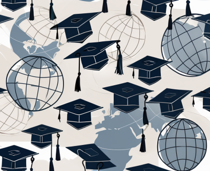 A globe with various sizes of graduation caps scattered around