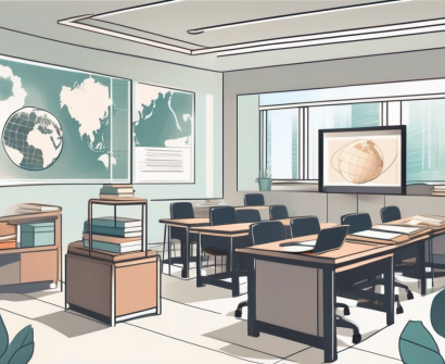 A modern classroom setting in singapore with diverse educational resources such as books