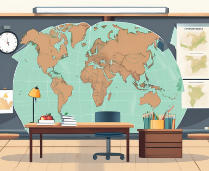 A classroom setting with a global map highlighting cyprus