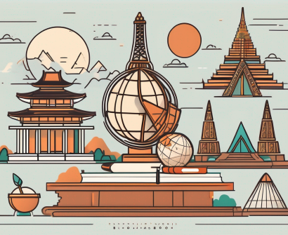 A classroom setting with various international symbols