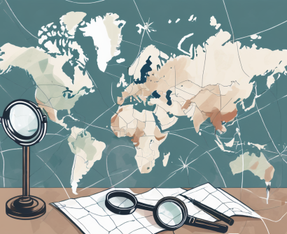 A global map with magnifying glasses hovering over various countries