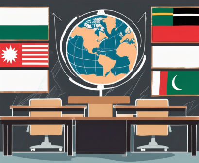 A modern classroom setting with international flags