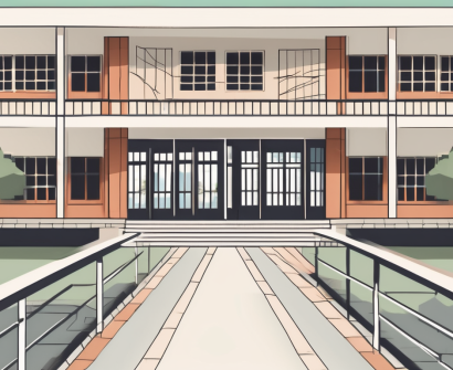 A school building with a split facade showcasing two distinct cultures