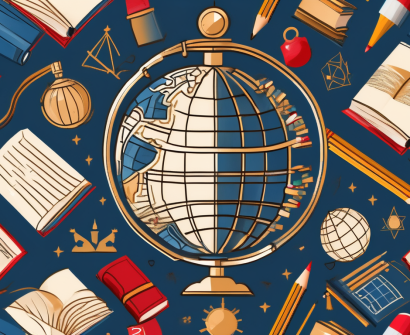 A globe surrounded by various educational symbols