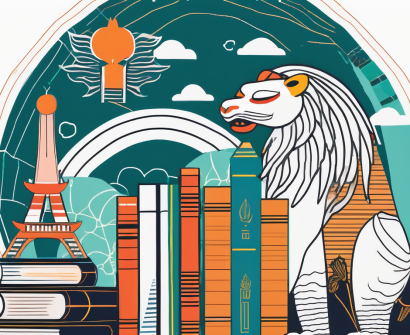 Various symbolic elements representing different cultures (like a chinese lantern