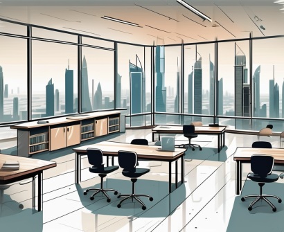 A classroom setting in a modern dubai skyscraper with various teaching tools and elements