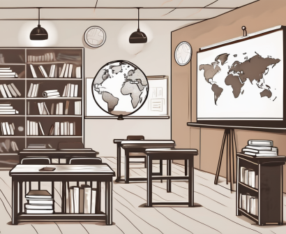 A classroom setting with diverse educational tools such as books