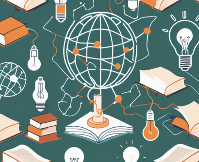 A diverse array of open books and educational tools such as globes and microscopes