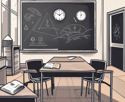 A classroom setting in dubai with a chalkboard