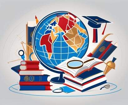 A globe with various educational icons like books