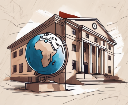 A traditional uruguayan school building with a globe and a graduation cap floating above it