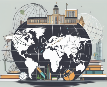 A globe with different educational tools such as books