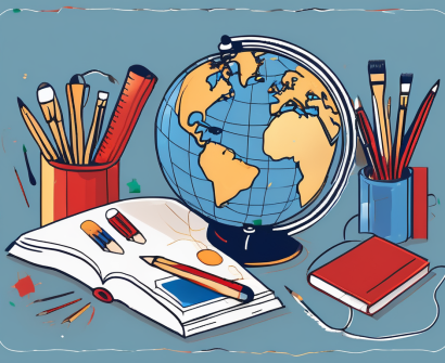 A globe with various educational tools like a calculator