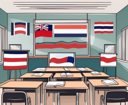 A classroom with two flags (representing the languages being taught)