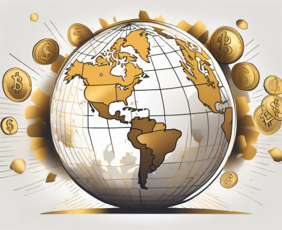 A globe with various currencies symbolically floating above different countries