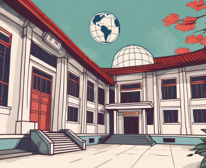 A traditional vietnamese school building with a globe in the background