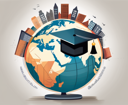 A globe surrounded by different school buildings