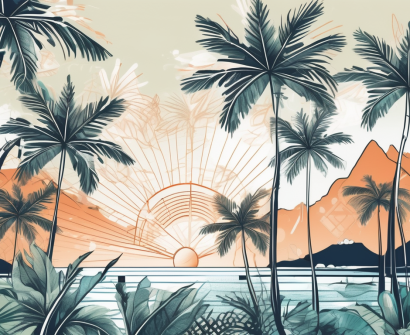 A tropical school campus with iconic fijian elements like palm trees and the ocean in the background