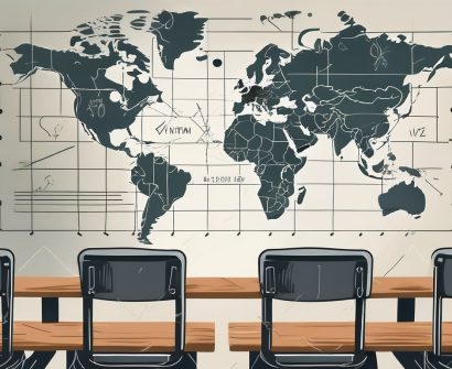 A classroom with two chalkboards
