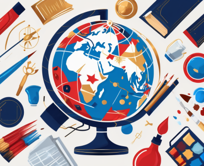 A globe surrounded by various educational icons like books