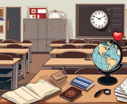 A classroom setting with an empty teacher's desk