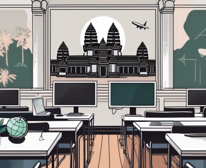 A classroom setting with a blackboard