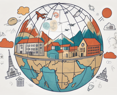 A globe with various school buildings from different cultures