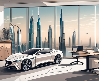 A modern classroom with a view of dubai's skyline in the background
