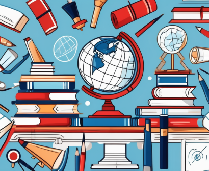A globe surrounded by various educational tools like books