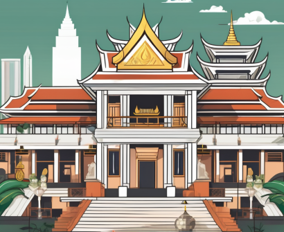 A variety of international school buildings in thailand with a backdrop of thai landmarks and symbols