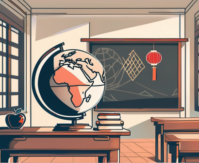 A classroom setting with a globe