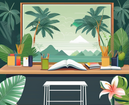 A thai classroom setting with teaching materials and a chalkboard