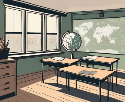 A classroom with australian landmarks visible through the window