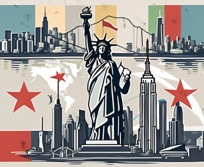 A variety of international flags planted on a stylized map of new york
