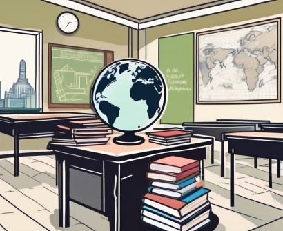 A classroom setting with scattered textbooks