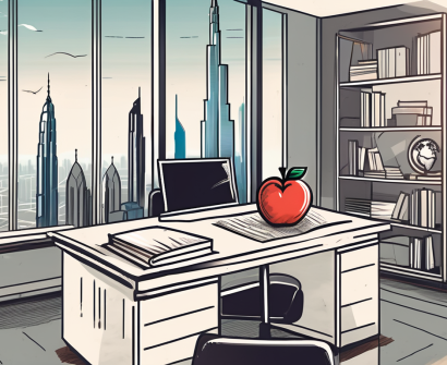 A classroom setting with a teacher's desk adorned with an apple