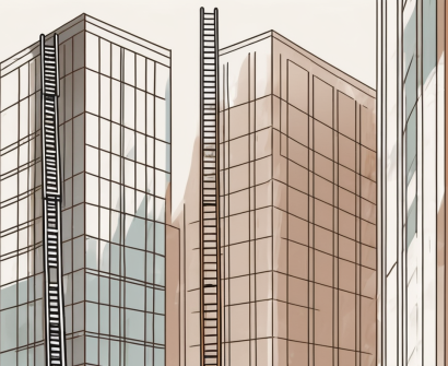 A ladder leaning against a tall building