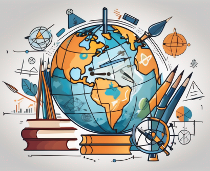 A globe surrounded by various educational symbols like books