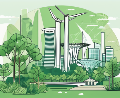 A lush green landscape featuring iconic singapore landmarks like marina bay sands and gardens by the bay