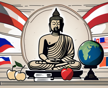 A classroom setting with typical thai elements and symbols