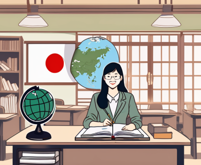 A classroom setting in japan with an english textbook on a teacher's desk