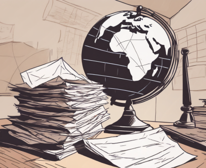 A pile of papers on a desk with a globe in the background
