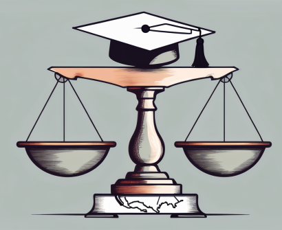 A balanced scale with a graduation cap on one side representing education