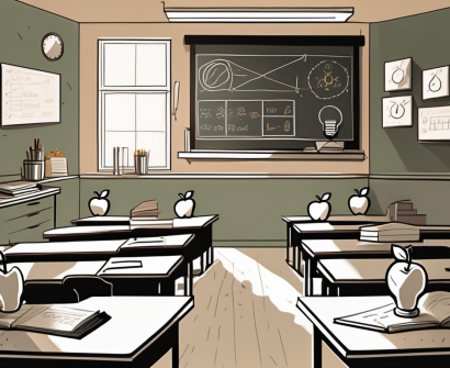 A classroom setting with an empty teacher's desk at the front