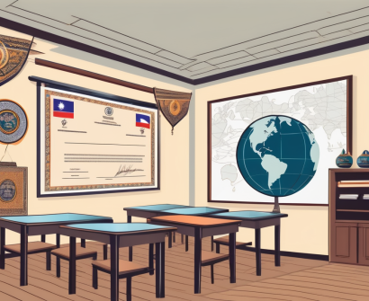 A thai classroom setting with an iqts (international qualified teacher status) certificate hanging on the wall
