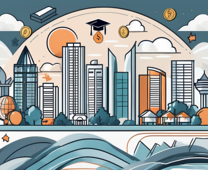 A singaporean skyline with various educational symbols like books