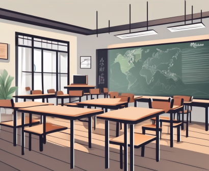 A classroom setting with desks and chairs
