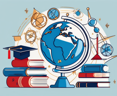 A globe with various iconic educational symbols from around the world