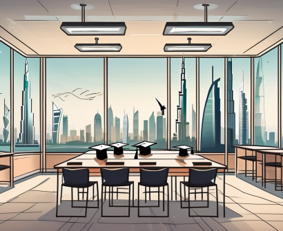 A classroom setting with a view of the iconic dubai skyline in the background